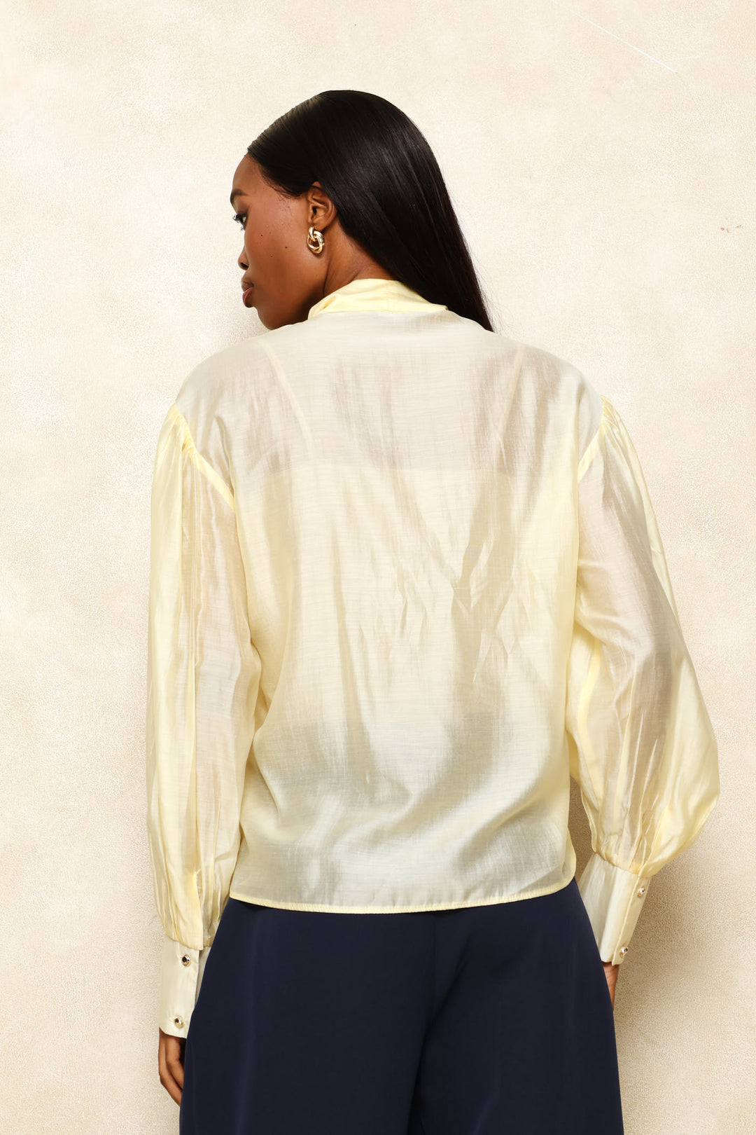 Kitty Bow Sheer Satin Blouse - Butter Yellow