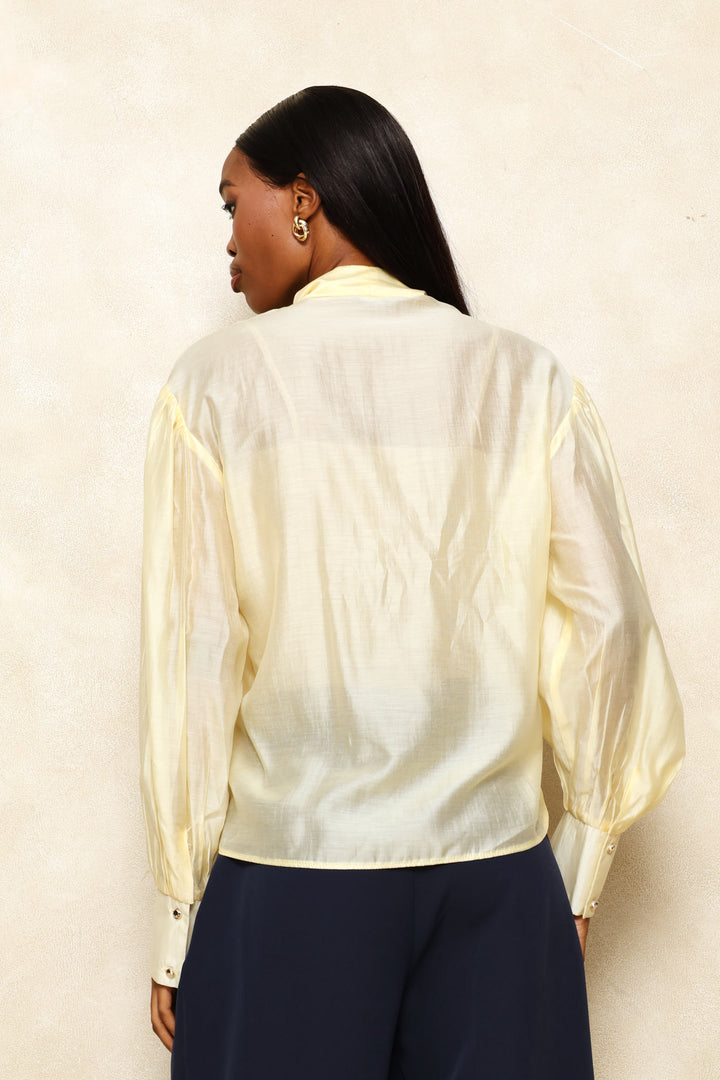 Kitty Bow Sheer Satin Blouse - Butter Yellow