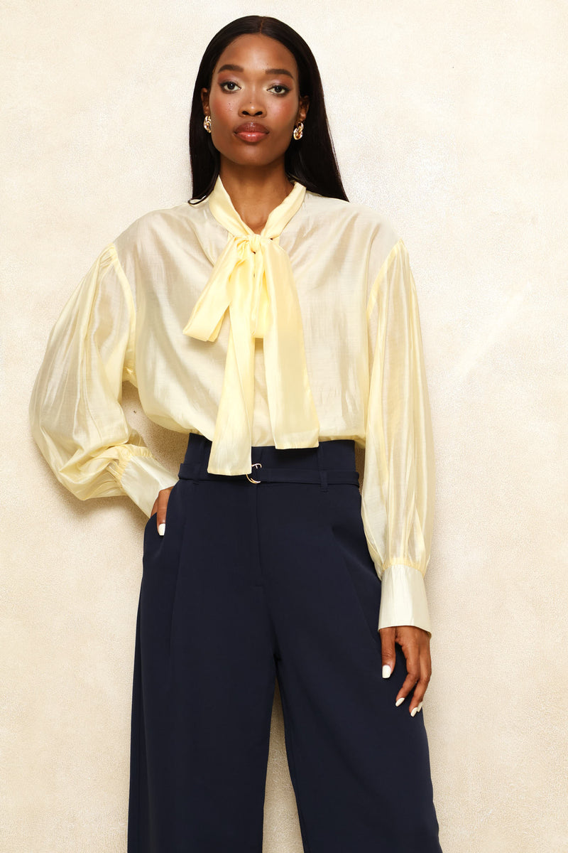 Kitty Bow Sheer Satin Blouse - Butter Yellow