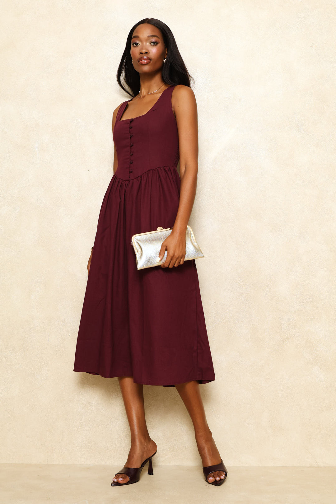 Square Neck Corset Fit & Flare Midi Dress - Wine