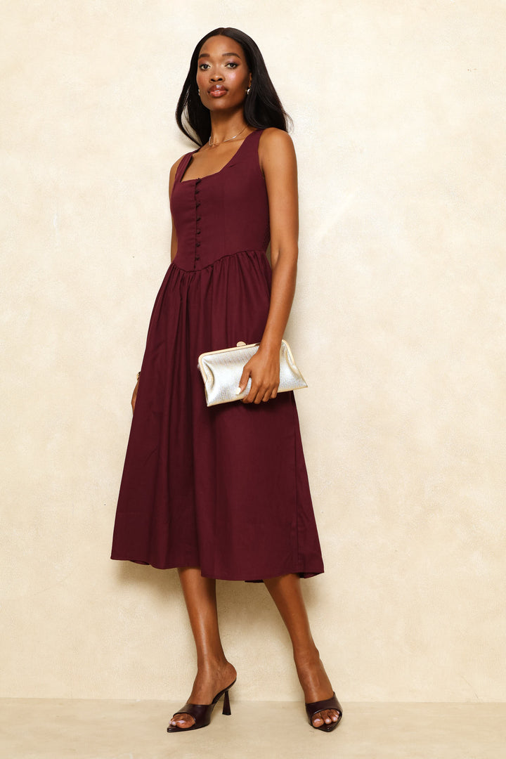 Square Neck Corset Fit & Flare Midi Dress - Wine