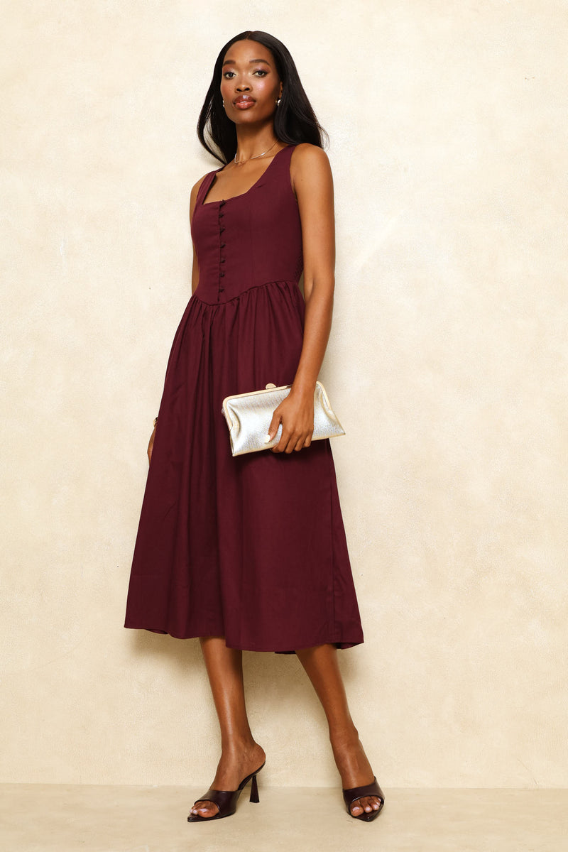 Square Neck Corset Fit & Flare Midi Dress - Wine