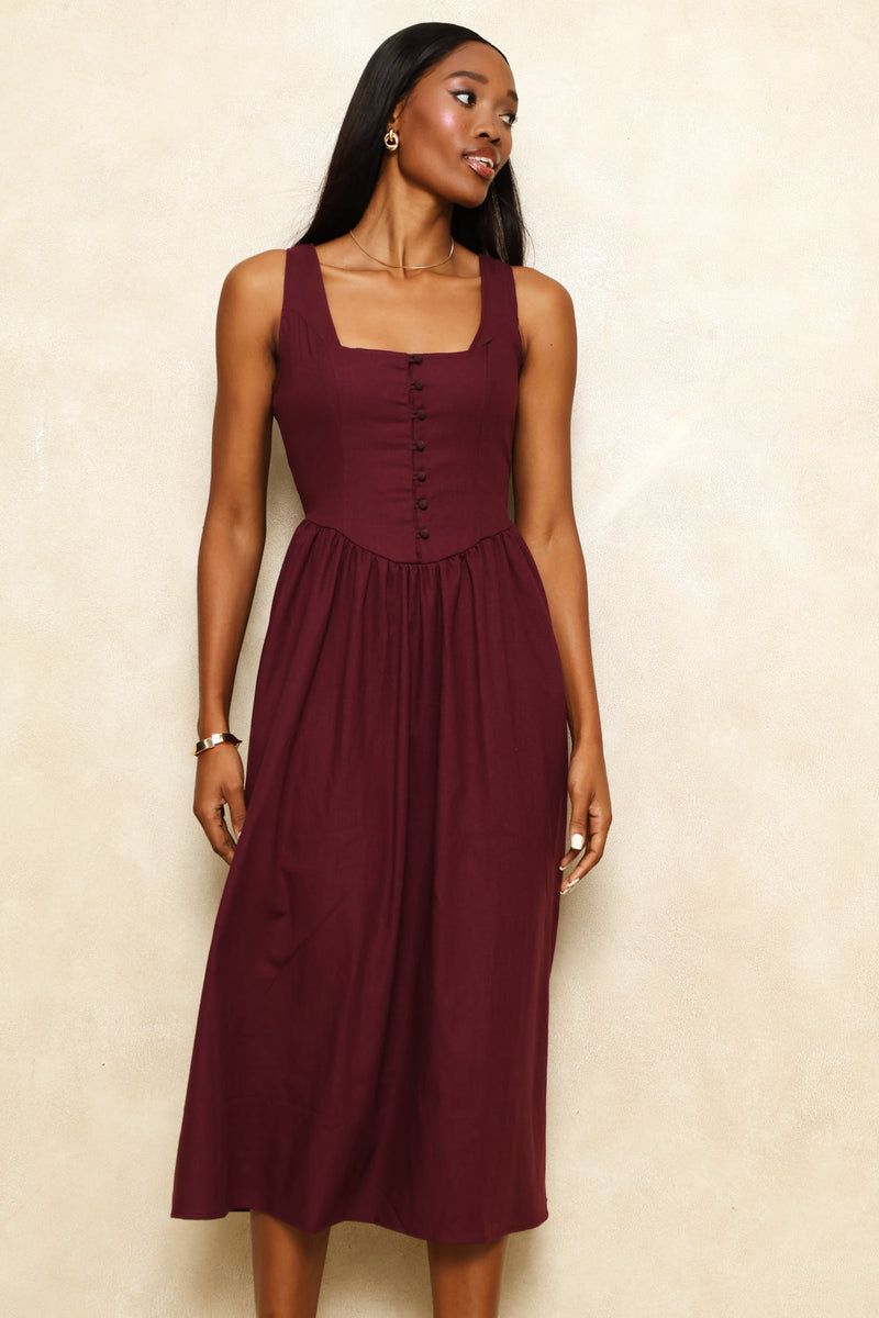 Square Neck Corset Fit & Flare Midi Dress - Wine