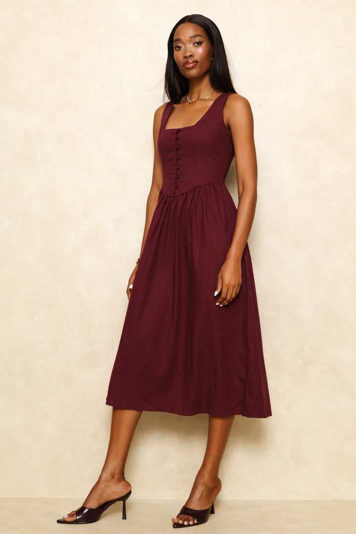 Square Neck Corset Fit & Flare Midi Dress - Wine