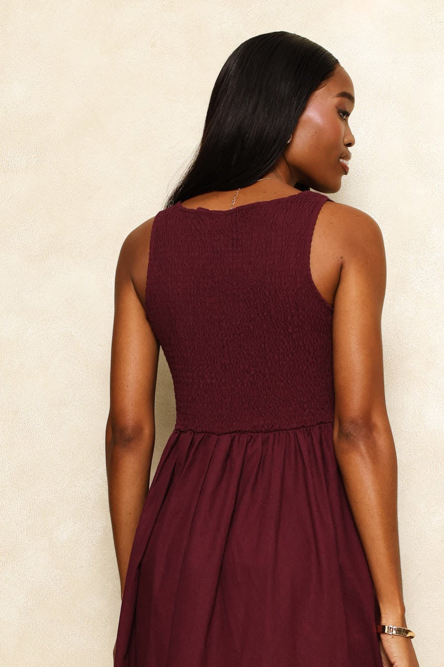 Square Neck Corset Fit & Flare Midi Dress - Wine