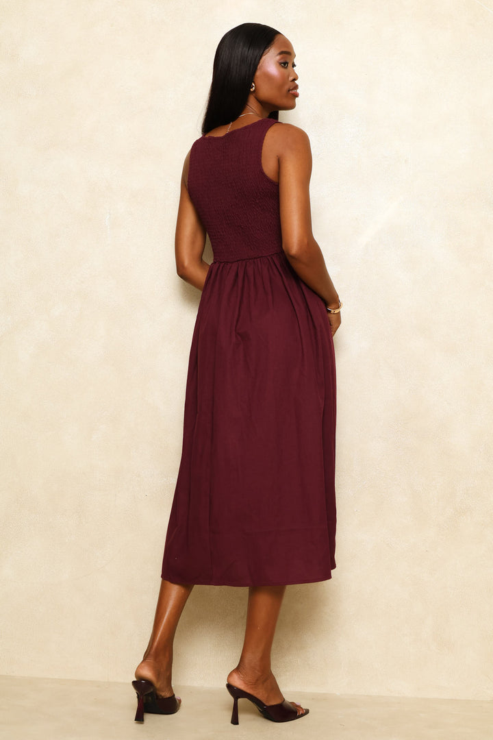 Square Neck Corset Fit & Flare Midi Dress - Wine