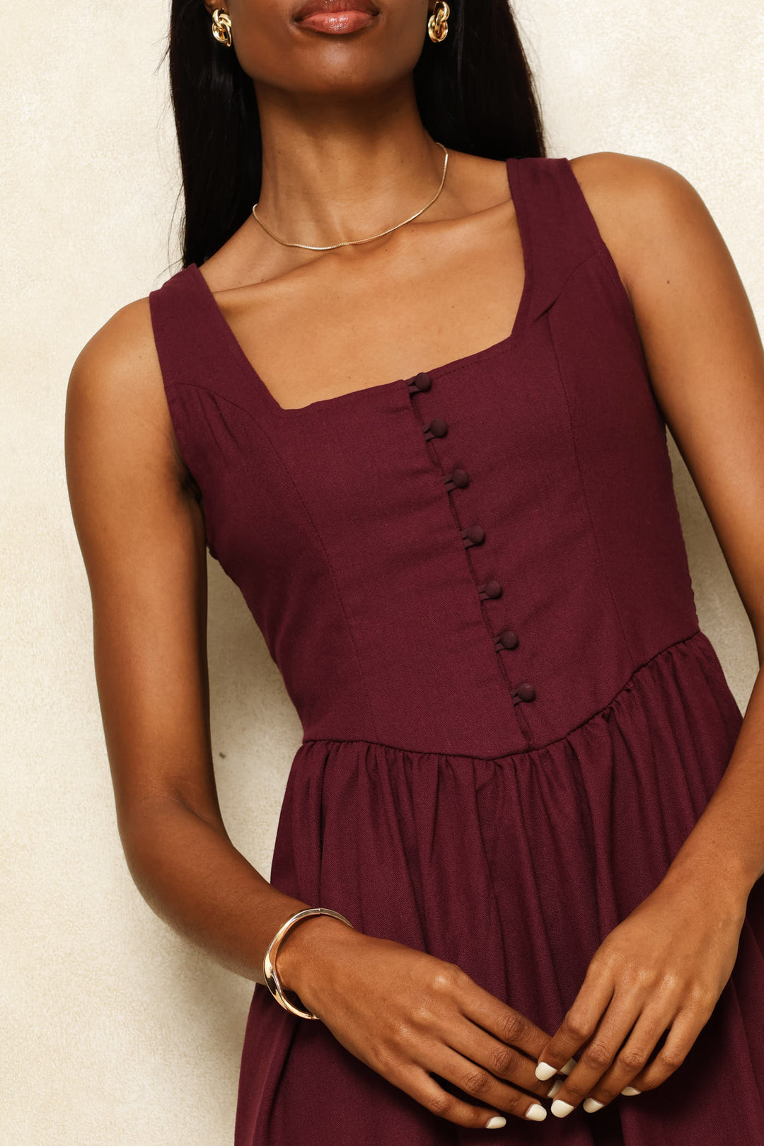 Square Neck Corset Fit & Flare Midi Dress - Wine