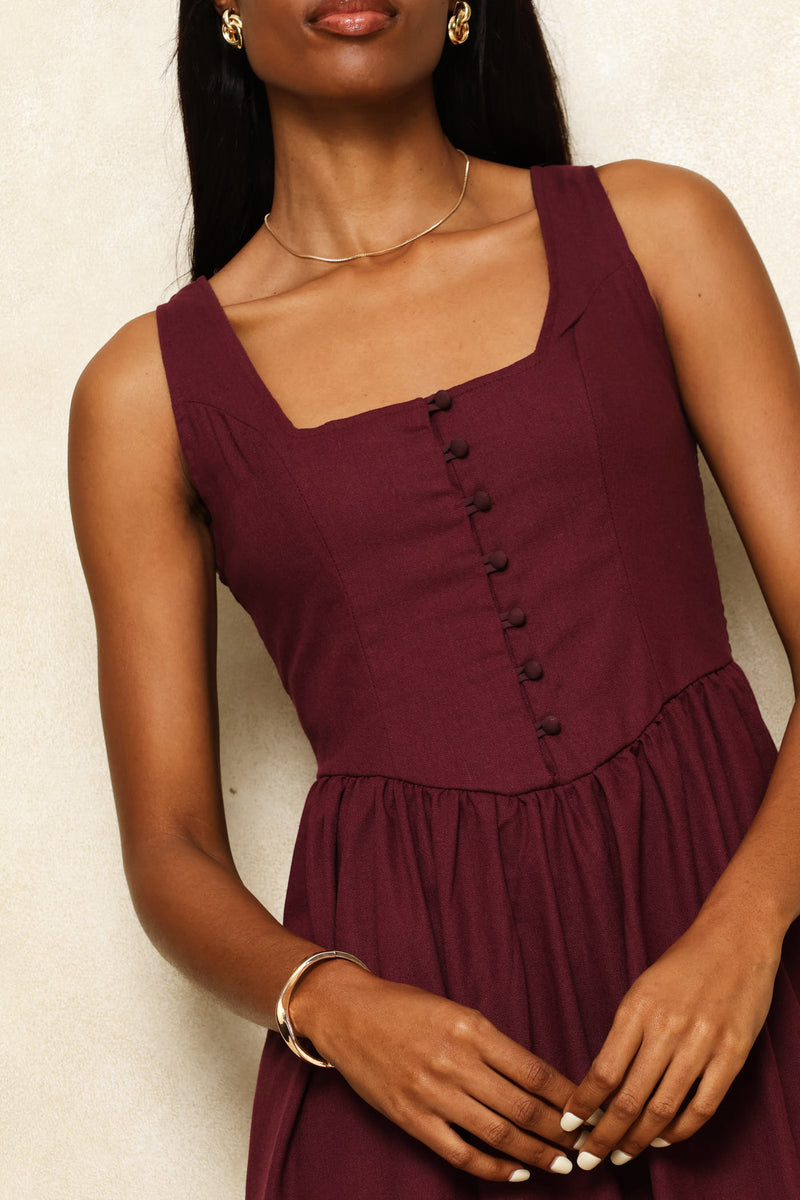 Square Neck Corset Fit & Flare Midi Dress - Wine