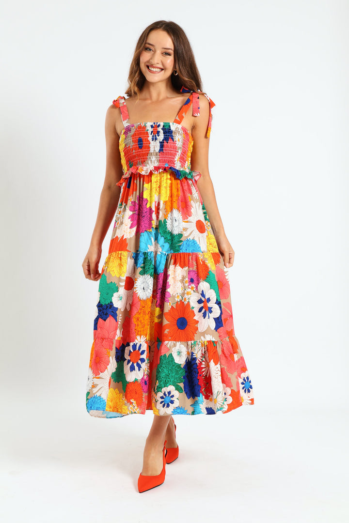 Tie Strap Shirred Tiered Maxi Dress