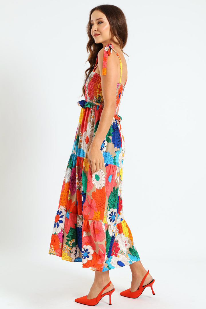 Tie Strap Shirred Tiered Maxi Dress