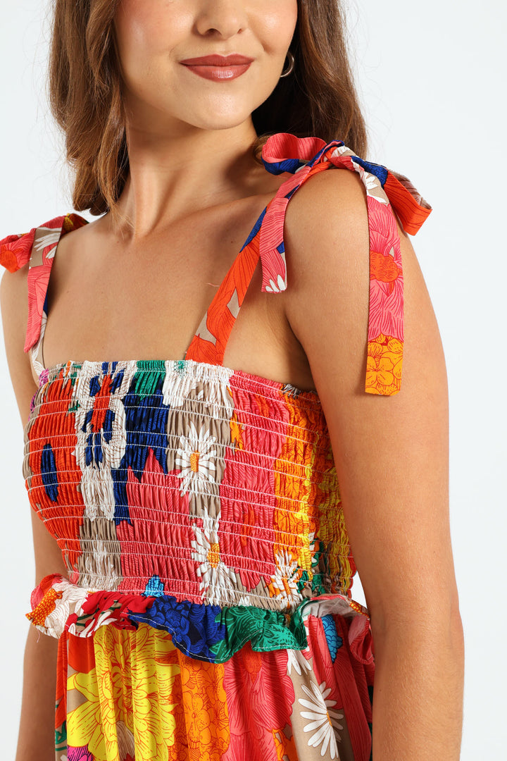 Tie Strap Shirred Tiered Maxi Dress