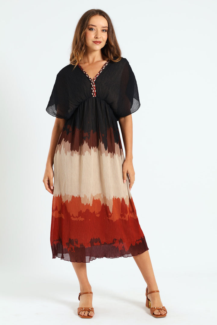 V-Neck Pleated Maxi Dress - Brown