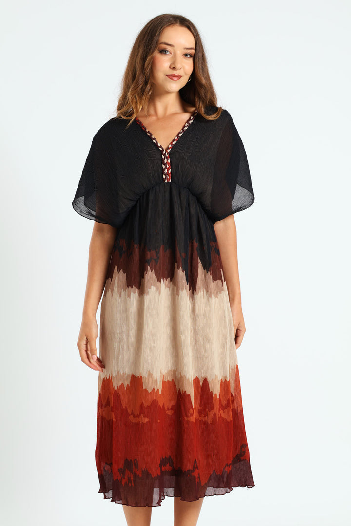 V-Neck Pleated Maxi Dress - Brown