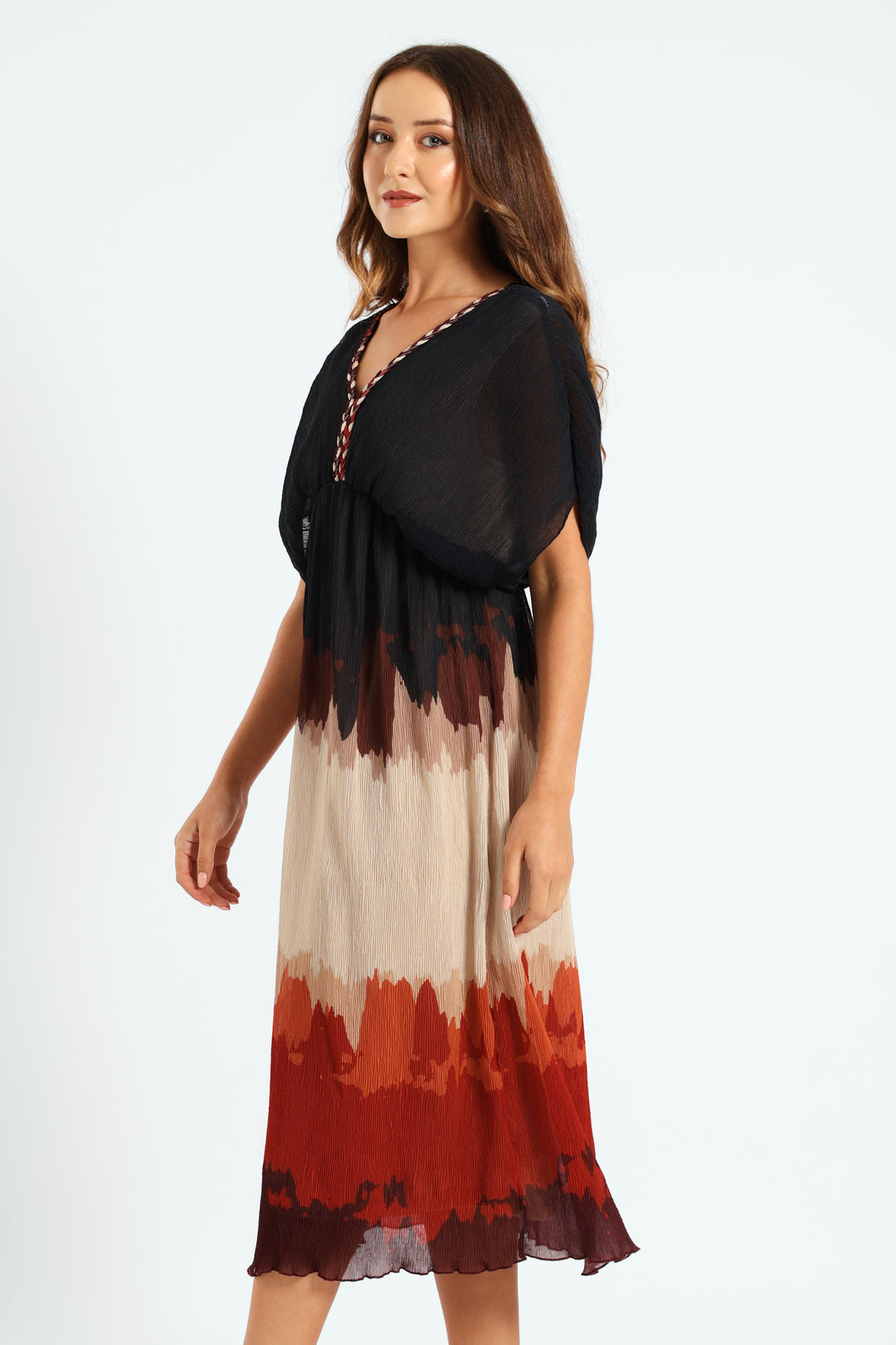 V-Neck Pleated Maxi Dress - Brown