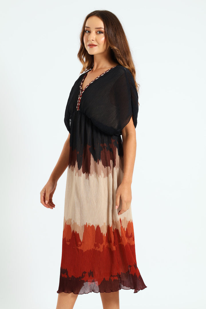 V-Neck Pleated Maxi Dress - Brown