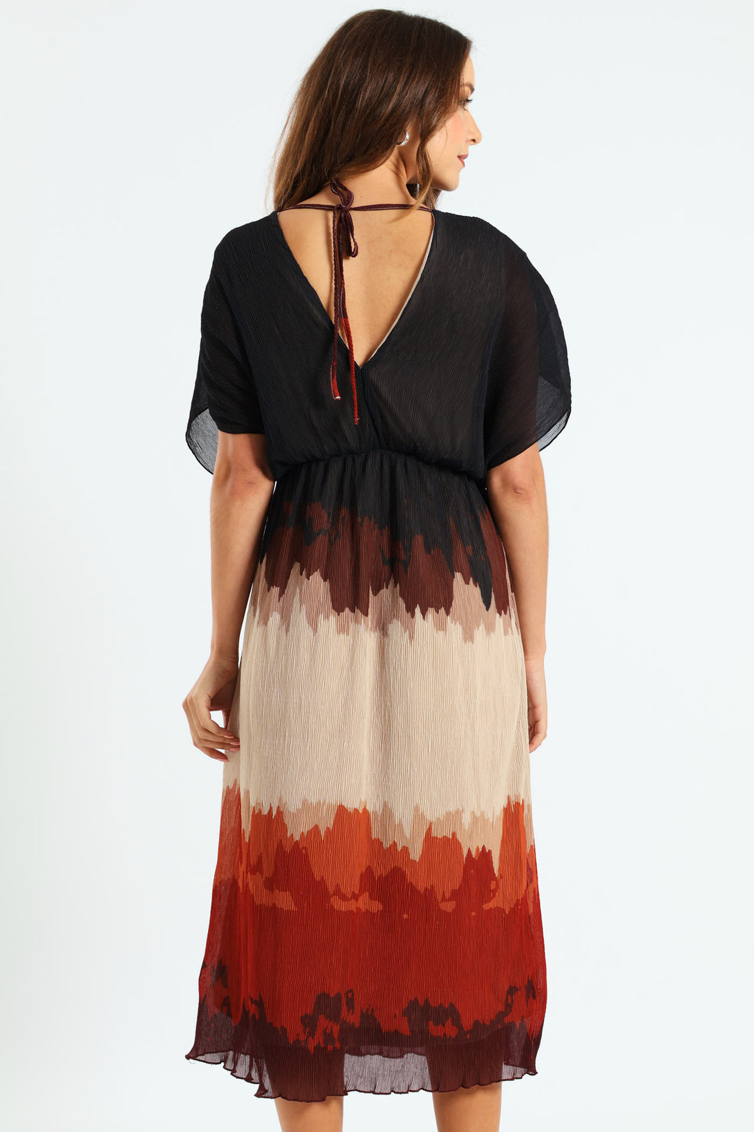 V-Neck Pleated Maxi Dress - Brown