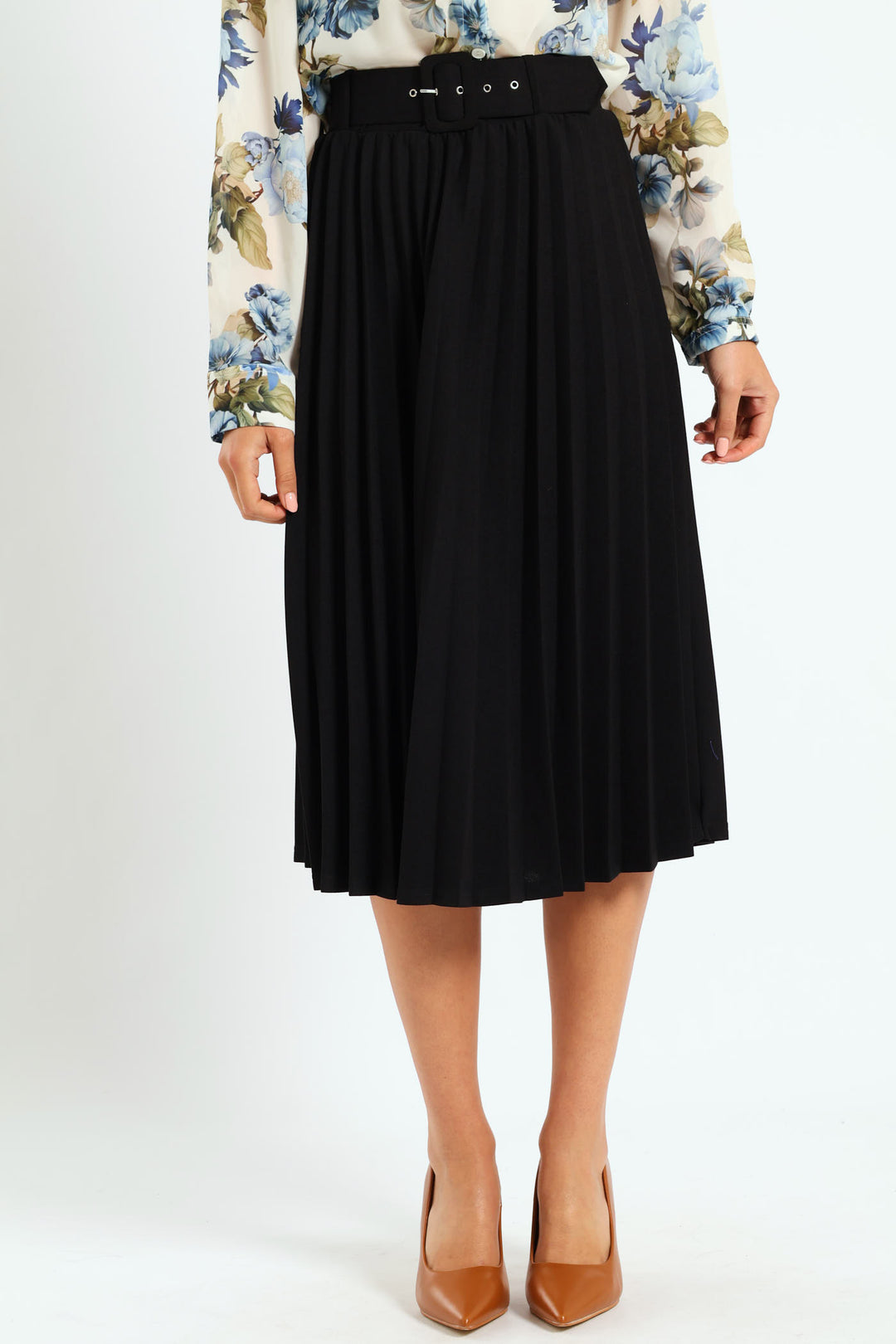 Ladies Ladies Covered Belt Pleated Midi Skirt Black – Edgars
