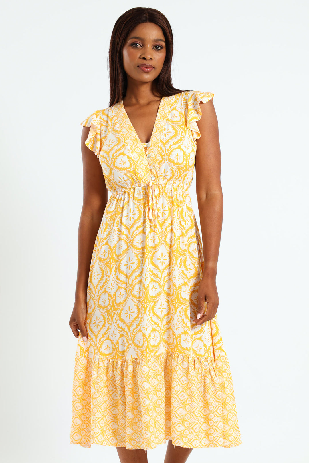 Ladies Frill Sleeve Button Detail Waisted Midi Dress Mustard