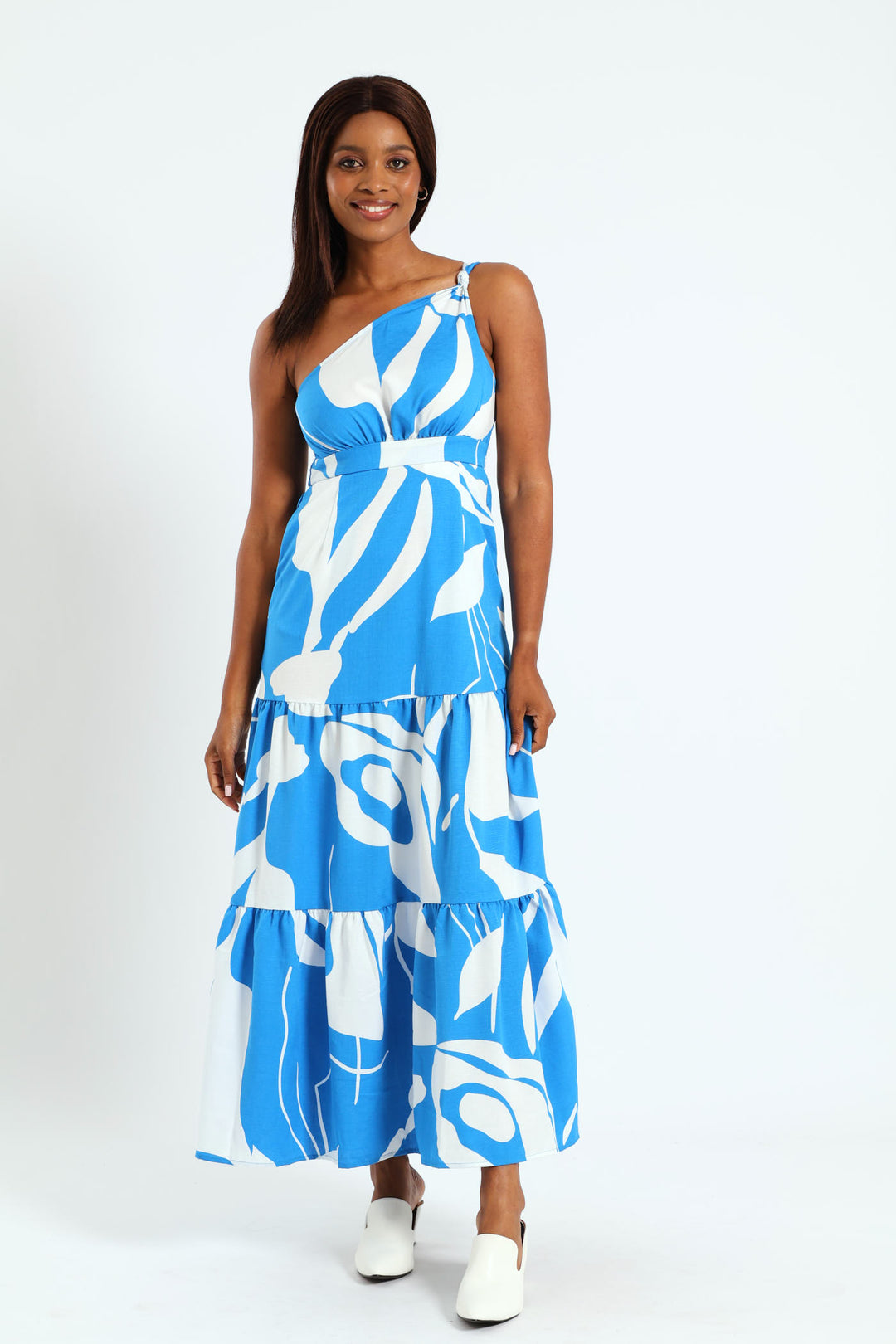 One Shoulder Knot Tiered Maxi Dress With Shirred Back - White/Blue