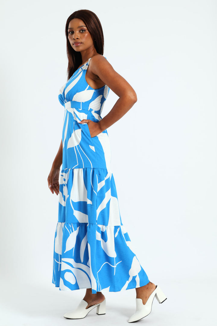 One Shoulder Knot Tiered Maxi Dress With Shirred Back - White/Blue