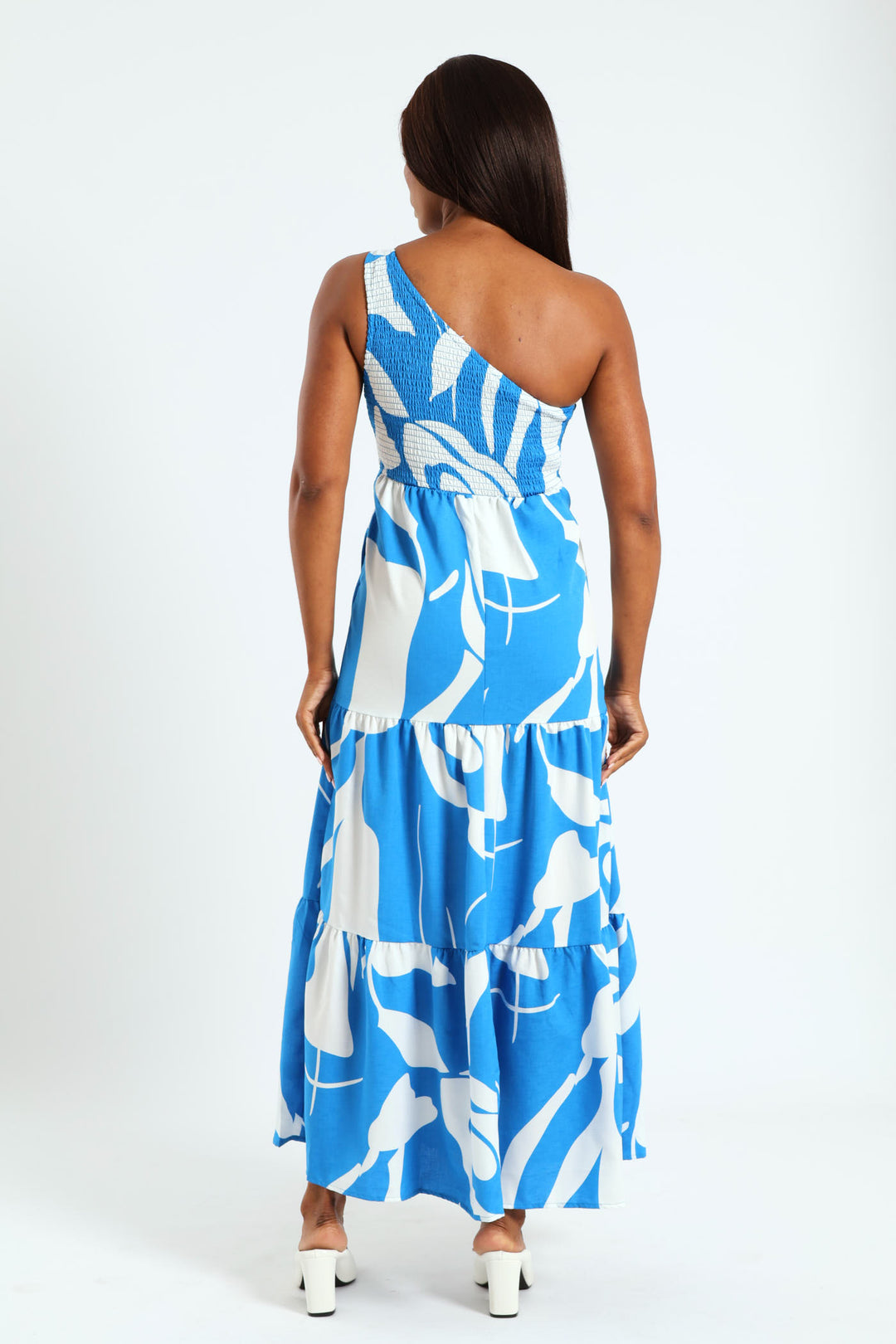 One Shoulder Knot Tiered Maxi Dress With Shirred Back - White/Blue