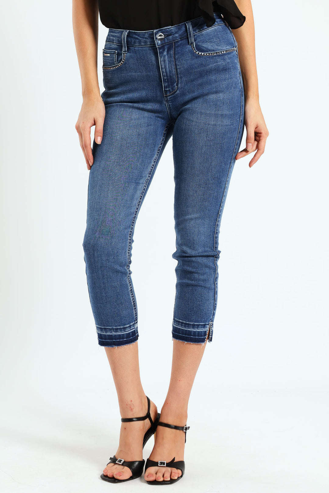 Mid-Waist Capri Denim With Unpicked Hem - Mid Blue