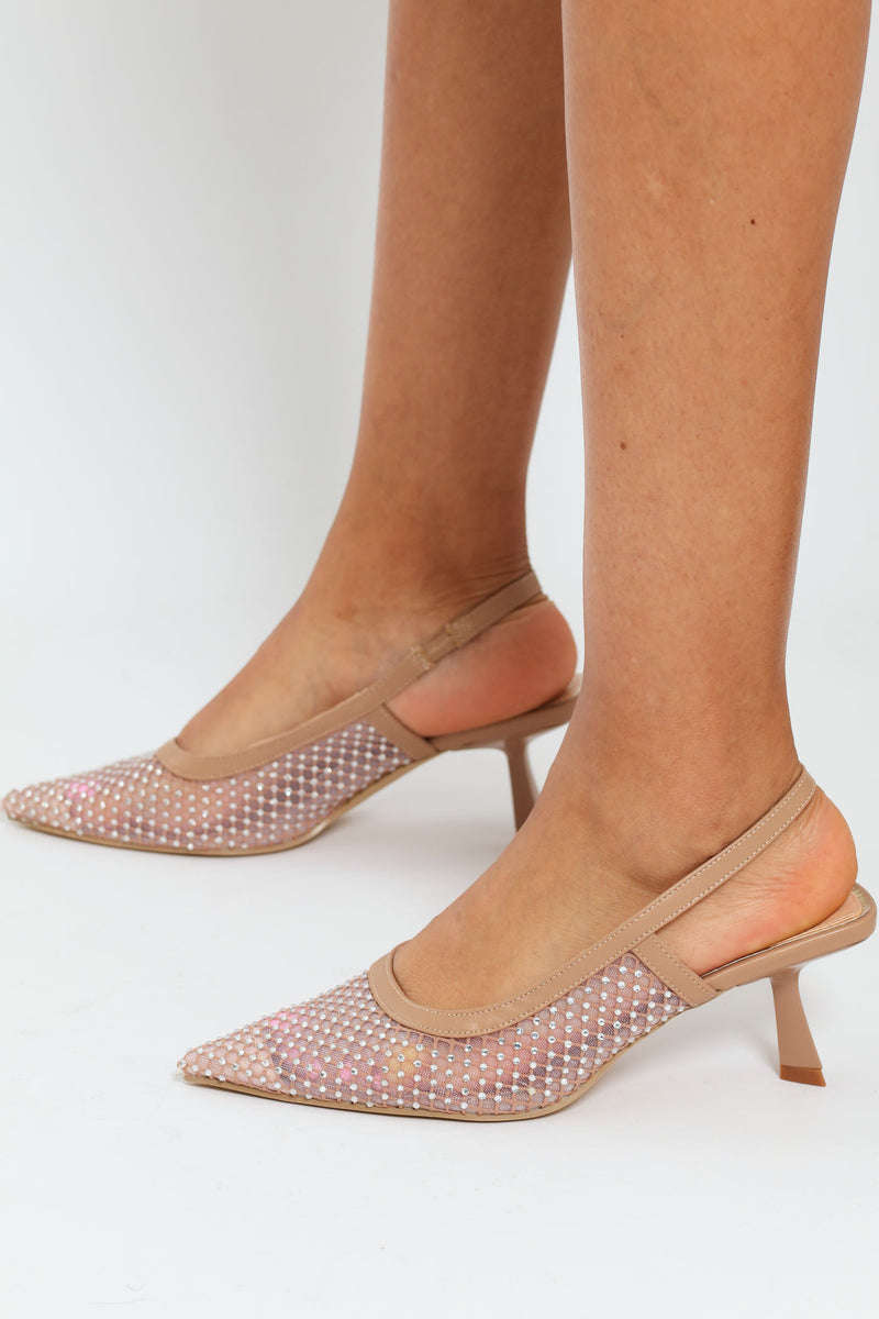 High Fashion Mesh Studded Slingback Mule Heel - Natural