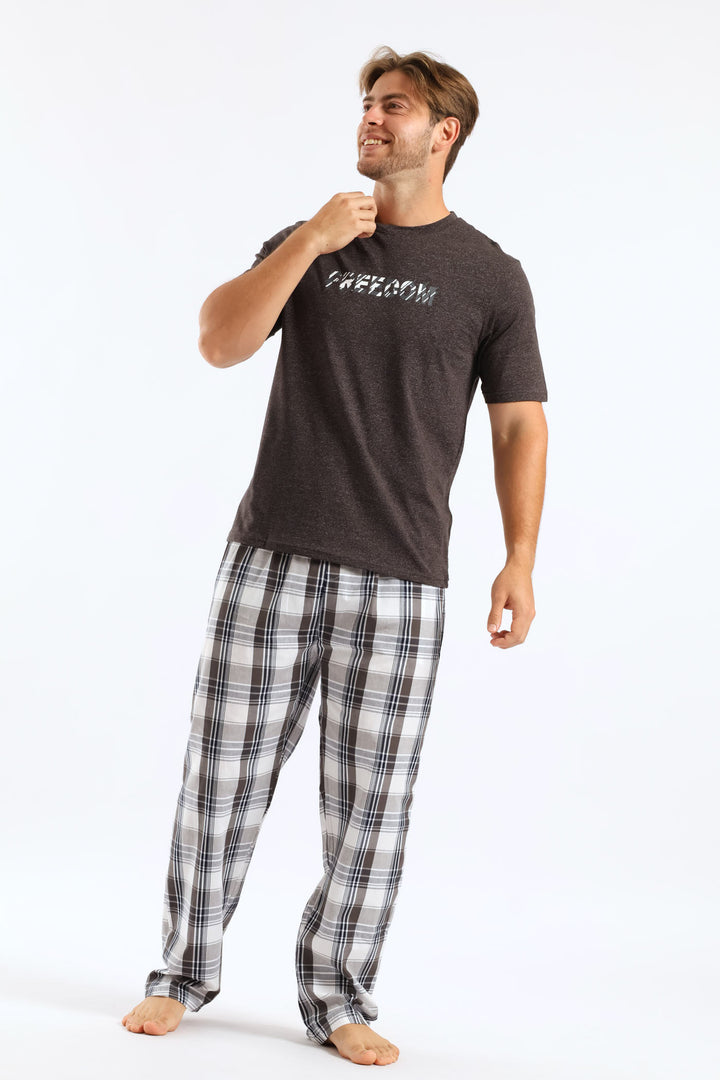 Check Woven Long Pyjama Pants - Charcoal