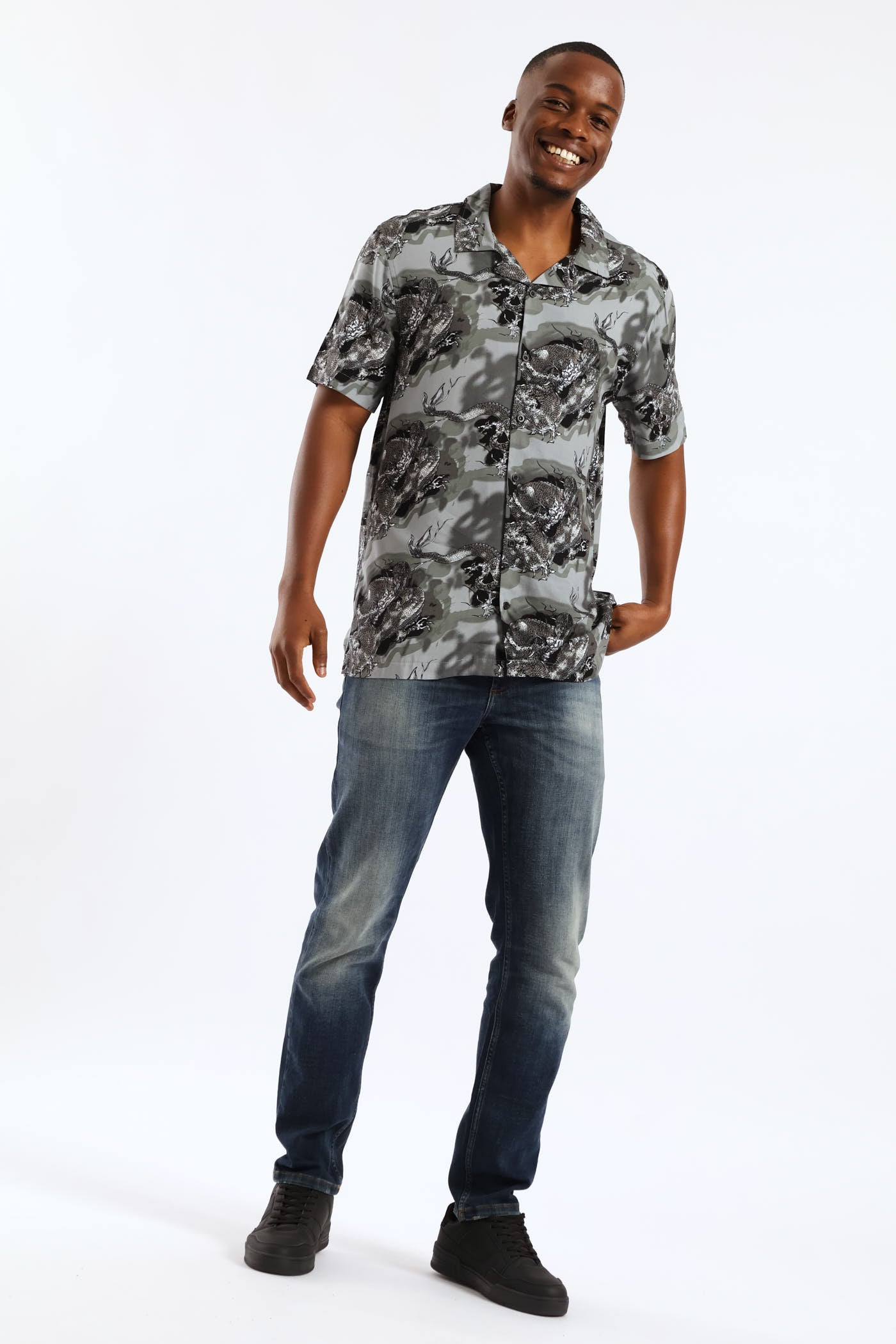 Mens Dragon Print Viscose Shirt - Dark Grey – Edgars
