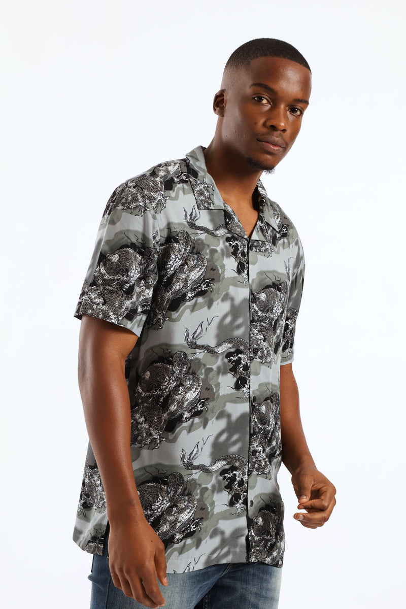 Dragon Print Viscose Shirt - Dark Grey