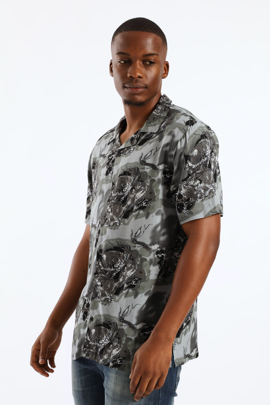Dragon Print Viscose Shirt - Dark Grey
