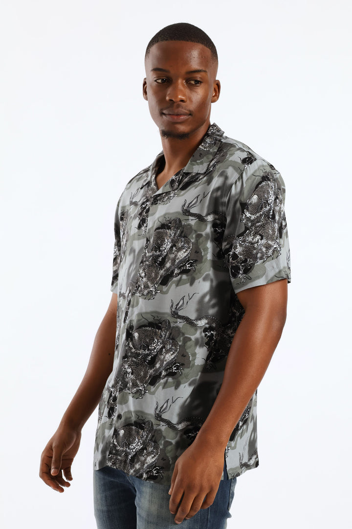 Dragon Print Viscose Shirt - Dark Grey