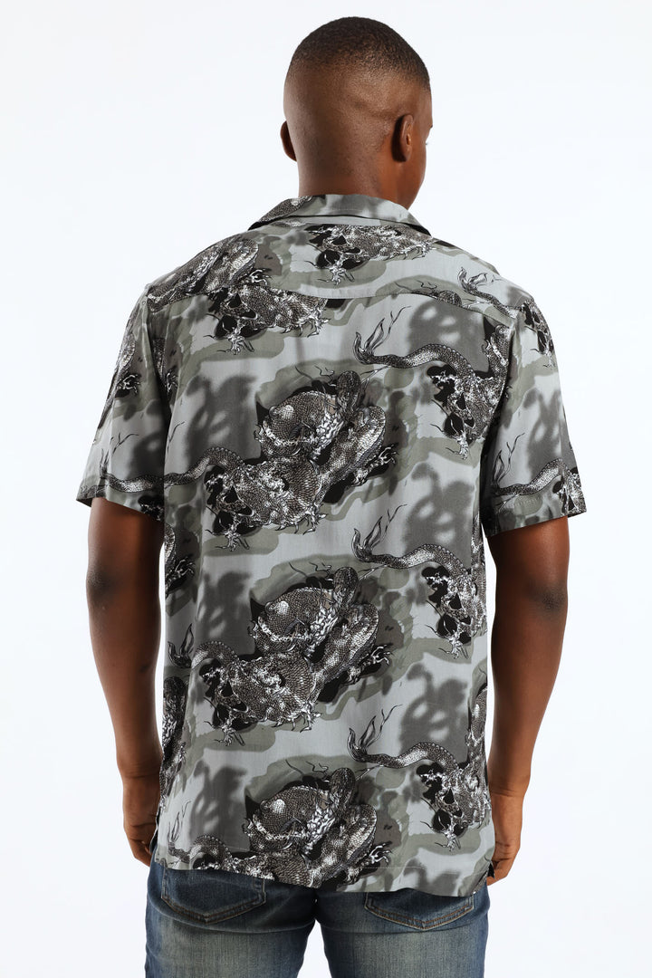 Dragon Print Viscose Shirt - Dark Grey
