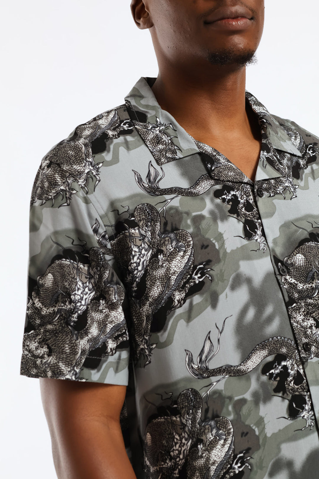 Dragon Print Viscose Shirt - Dark Grey