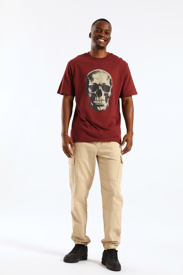 Skull Front Print Tee - Burgundy