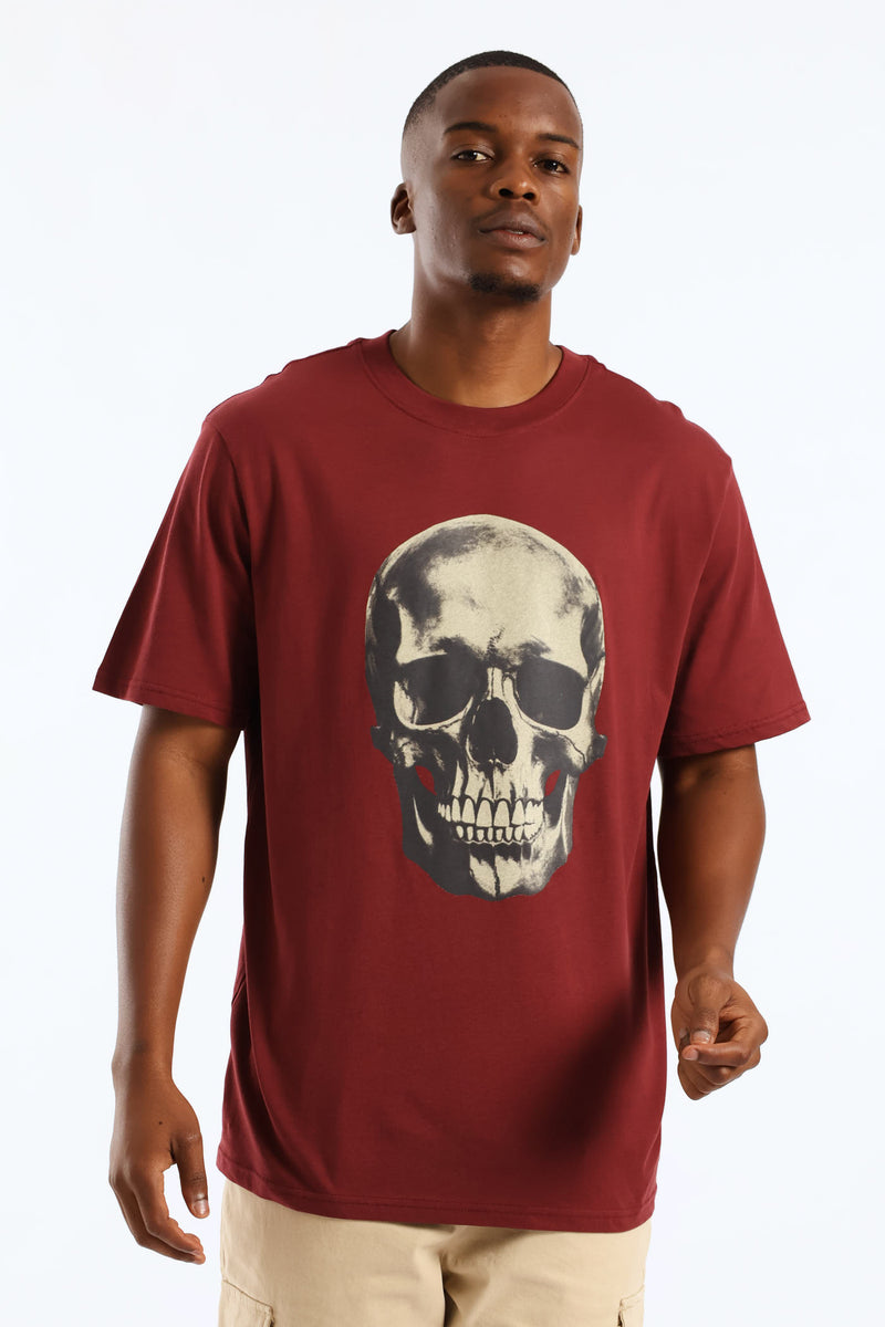 Skull Front Print Tee - Burgundy
