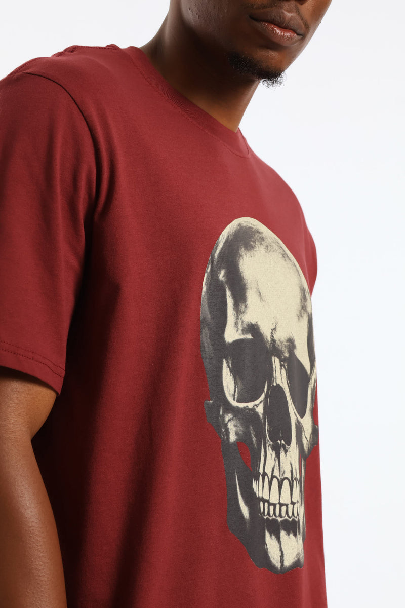 Skull Front Print Tee - Burgundy