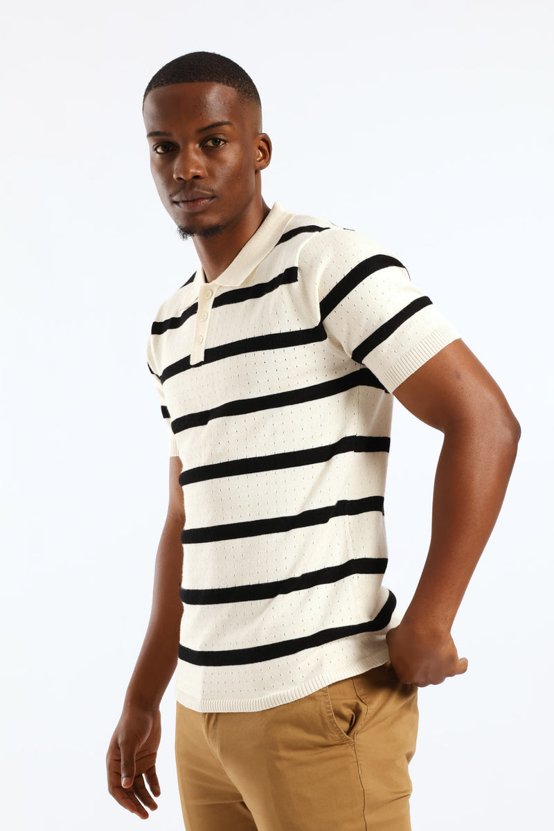 Fine Gauge Stripe Golfer - Off White