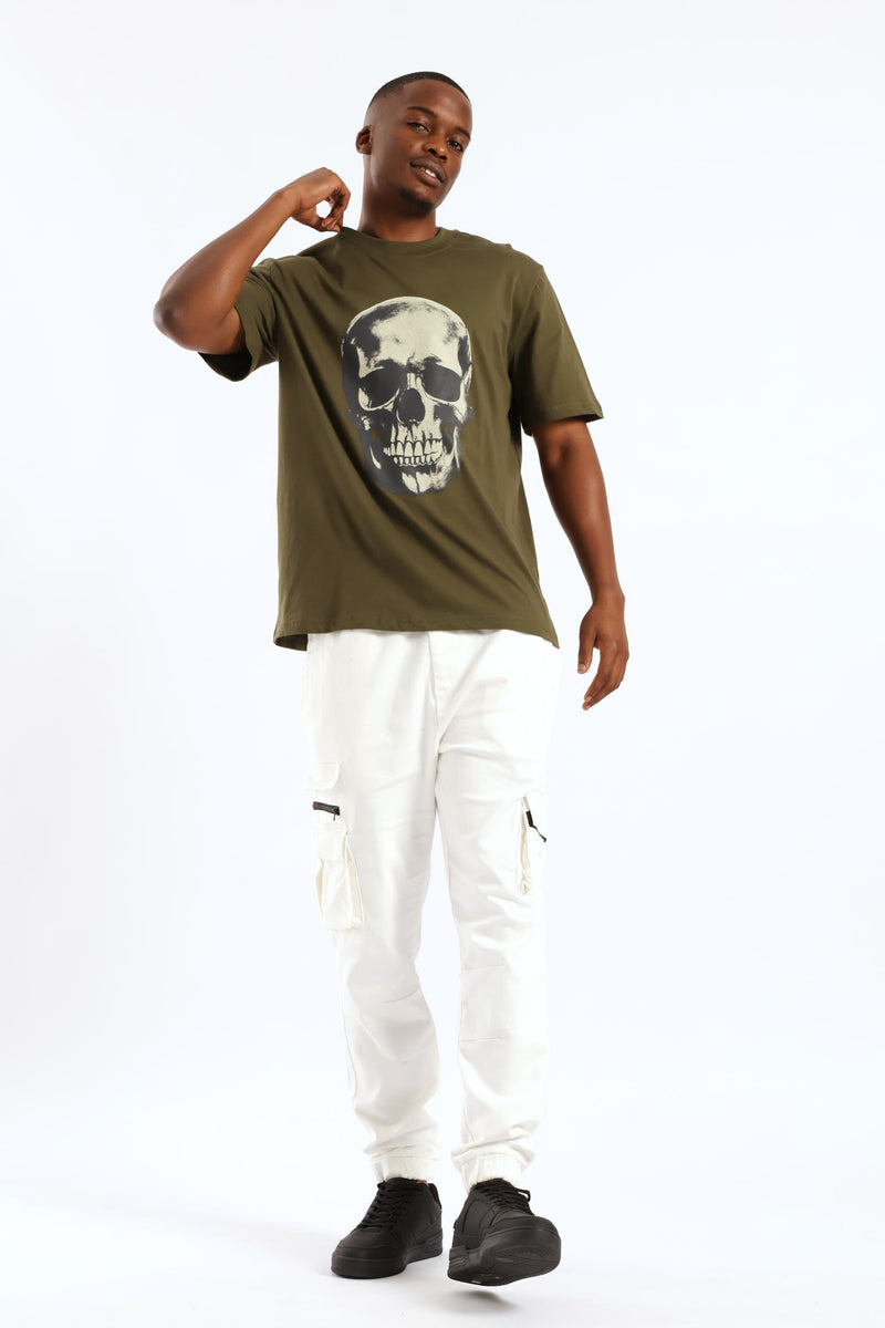 Skull Front Print Tee - Olive