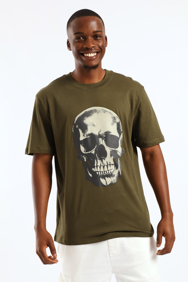 Skull Front Print Tee - Olive