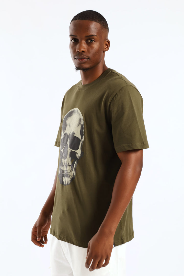 Skull Front Print Tee - Olive