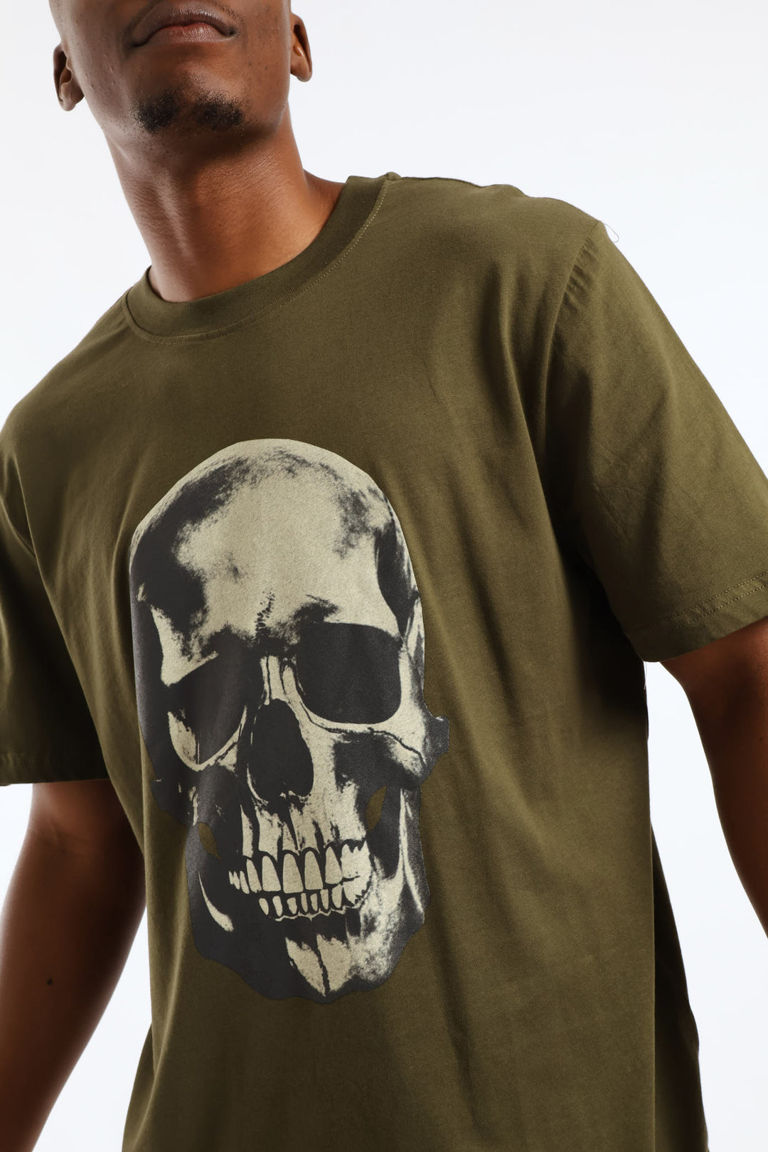 Skull Front Print Tee - Olive