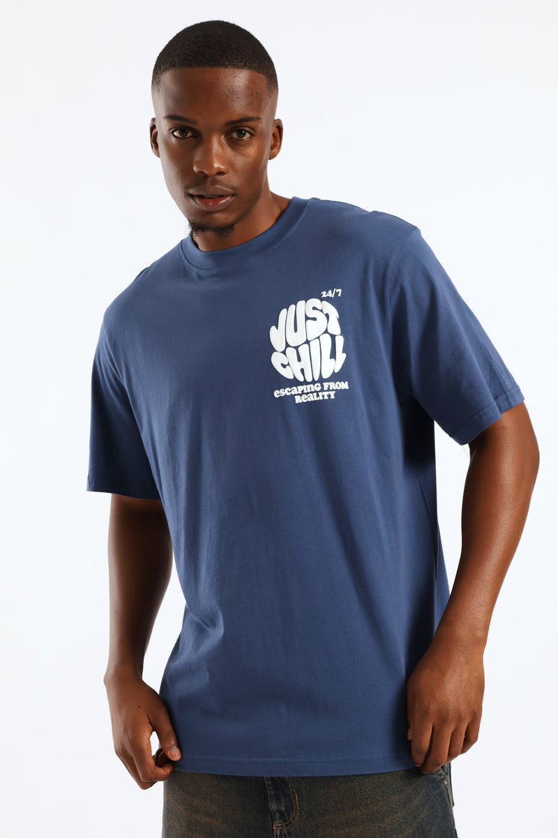 Just Chill Puff Print Front & Back Tee - Blue
