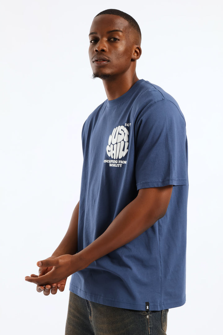 Just Chill Puff Print Front & Back Tee - Blue