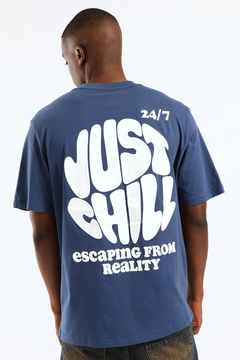 Just Chill Puff Print Front & Back Tee - Blue