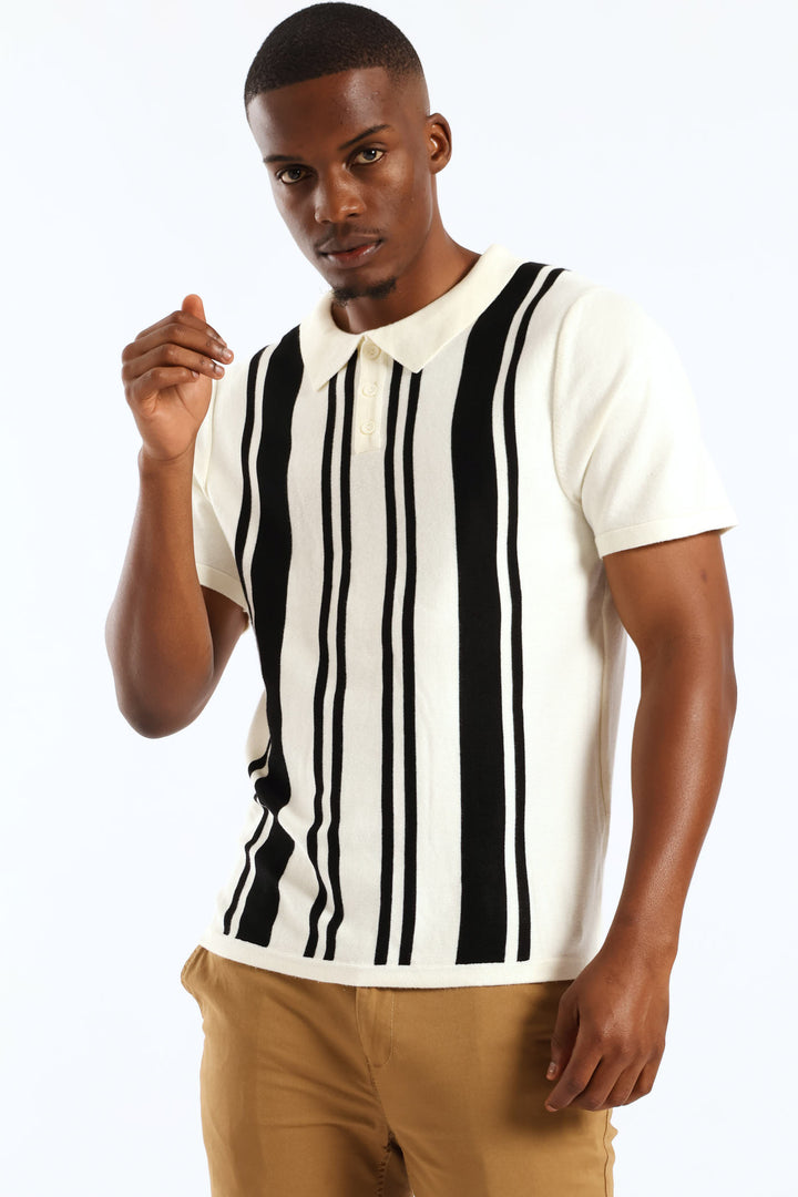 Fine Knit Mini Stripe Golfer - Ecru