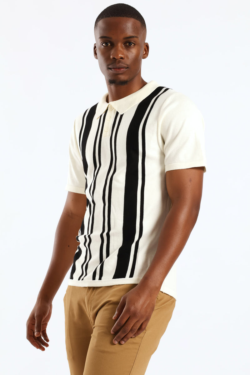 Fine Knit Mini Stripe Golfer - Ecru