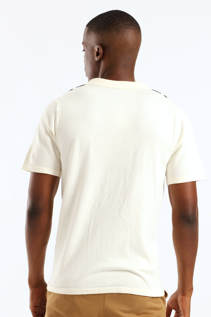 Fine Knit Mini Stripe Golfer - Ecru