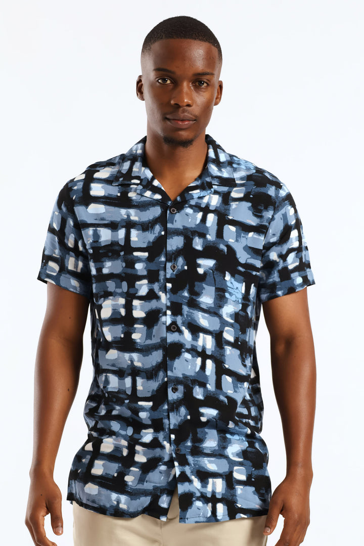 Geometric Watercolour Viscose Shirt - Blue