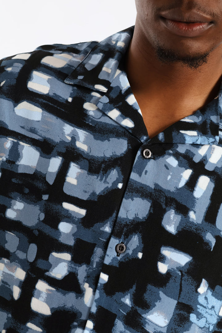 Geometric Watercolour Viscose Shirt - Blue